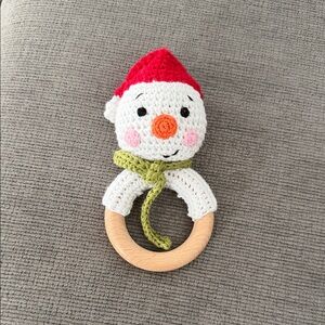 Handmade Snowman Crochet Rattle with Red Hat and Green Scarf